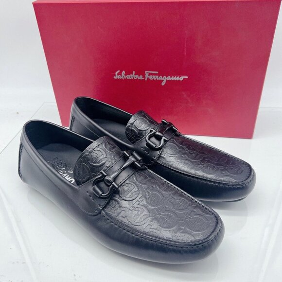 SALVATORE FERRAGAMO Parigi NEW Driver Shoes Loafer Black Logo Leather Men US 8.5 - Picture 1 of 13
